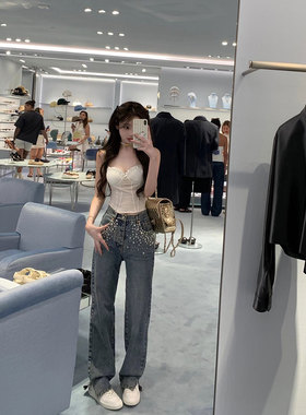 你的懒懒llan 银河miu满天星水钻长裤直筒牛仔裤女2025春季新款