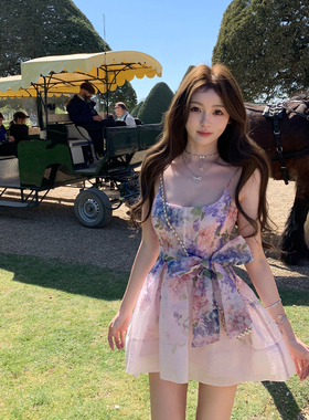 你的懒懒llan【恋恋夏日】立体剪裁大蝴蝶结U领性感印花连衣裙女