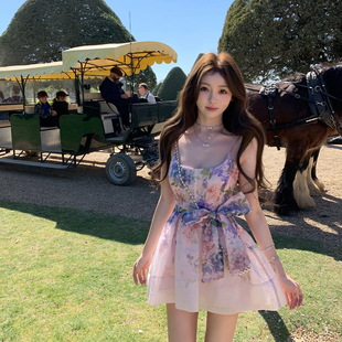 你的懒懒llan【恋恋夏日】立体剪裁大蝴蝶结U领性感印花连衣裙女