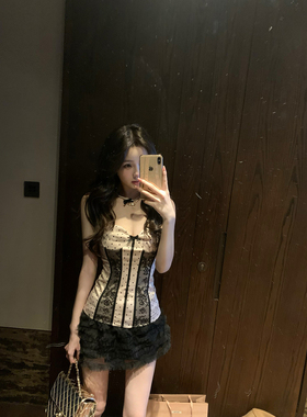 你的懒懒llan 经典秀场系列 小性感波点抹胸+蕾丝半裙套装女