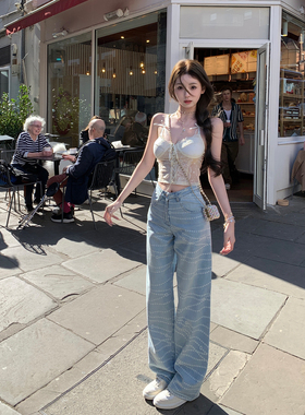 你的懒懒llan【25P珍珠链条】小香显瘦高腰宽松舒适阔腿牛仔裤女