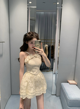 你的懒懒llan 风吹玉兰花双色蕾丝蝴蝶结新年战袍连衣裙春夏女