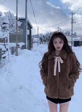 你的懒懒llan【札幌假日】软fufu甜美温柔蝴蝶结翻领环保毛皮草女