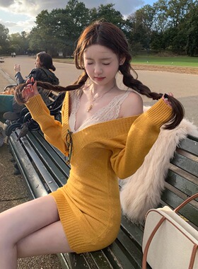 你的懒懒llan【晴日初雪】纯欲辣妹深V领口收腰性感针织裙连衣裙