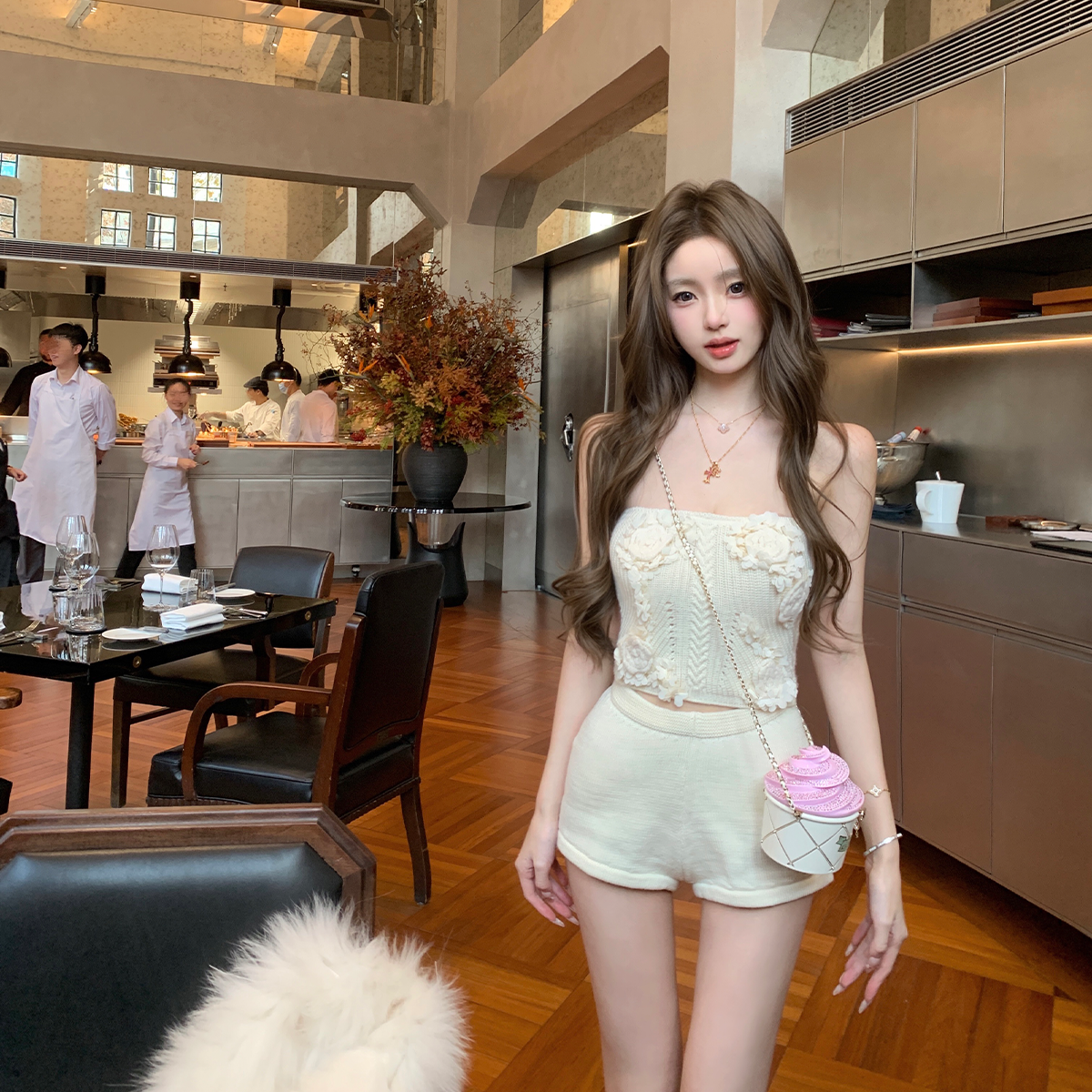 你的懒懒llan【纯白祷告】澳斐羊毛立体钩花针织抹胸+短裤套装女