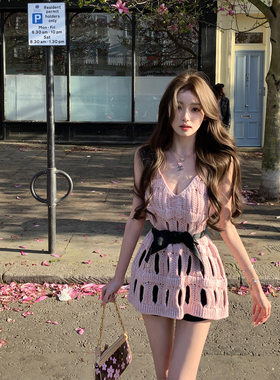 你的懒懒llan【香奶奶25S】重工缕空勾花编织背心裙针织V领连衣裙