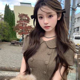 你的懒懒llan【古董感】格纹气质亮肤泡泡袖A字型立体挺括连衣裙