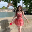 灵动薄纱叠层褶皱亮片珠珠印花连衣裙女 塞纳黄昏 你 懒懒llan