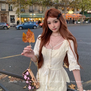 miu VTG 刺绣嗲妹感U型方领中古多层蕾丝花边上衣 懒懒llan 你