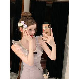 新款 你 蕾丝花边蝴蝶结收腰连衣裙女夏季 海盐葡萄 裙子 懒懒llan