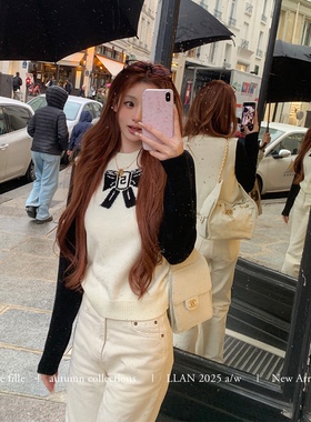 你的懒懒llan【蒙马特午后】黑白撞色设计小香风两色绣花毛衣