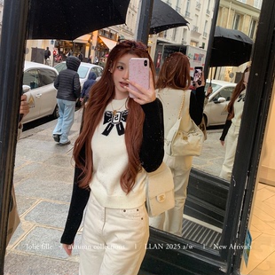 黑白撞色设计小香风两色绣花毛衣 蒙马特午后 你 懒懒llan