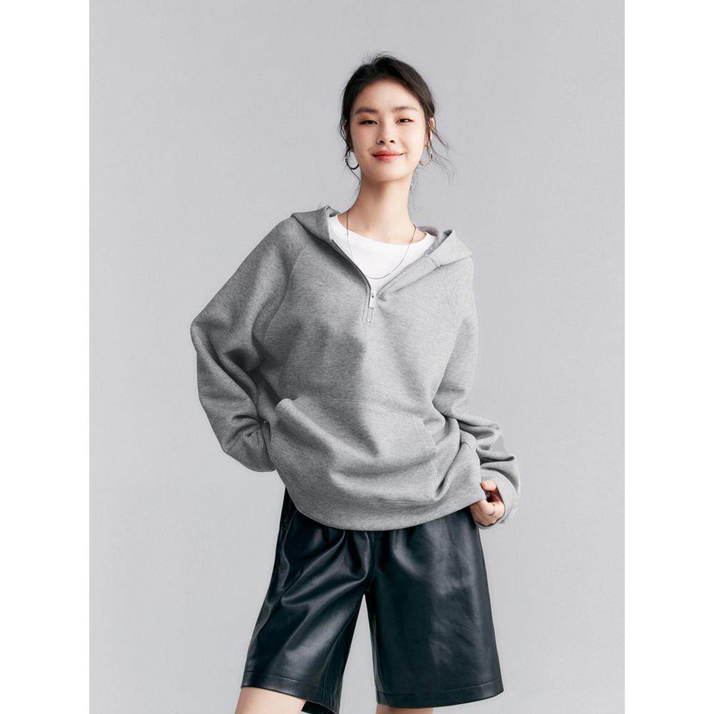 初棉灰色半拉链卫衣女 美式复古空气层上衣 秋季bf风连帽宽松外套
