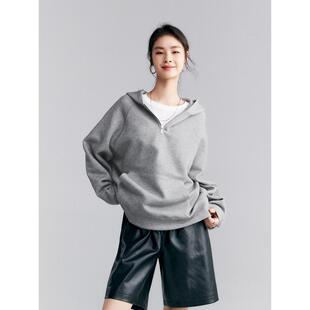 初棉灰色半拉链卫衣女 美式复古空气层上衣 秋季bf风连帽宽松外套
