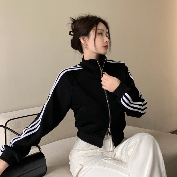 实拍韩版运动辣妹短款爵士舞卫衣女春秋小个子双拉链黑色外套上衣