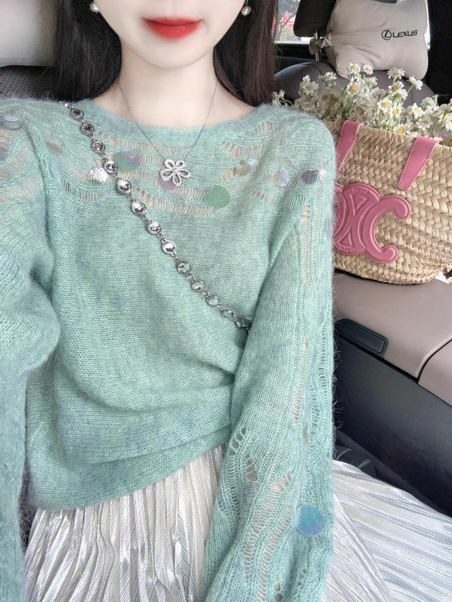 2026早春吊带度假风绿色镂空薄款毛衣开衫半身裙氛围感防晒衫