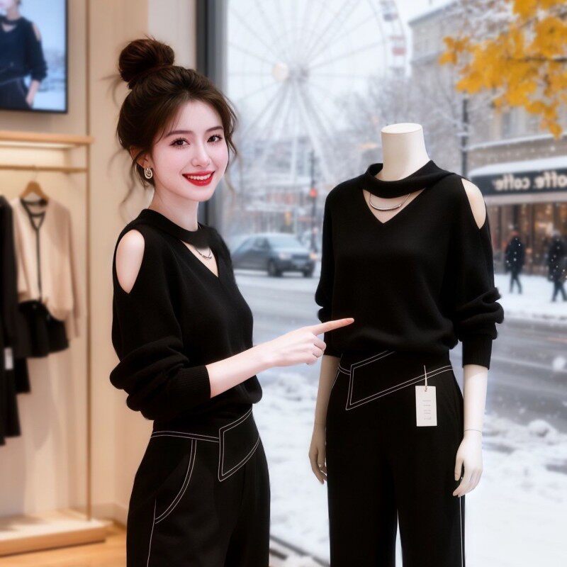 大码轻熟风黑色镂空露肩挂脖毛衣针织衫女早春宽松内搭打底衫上衣