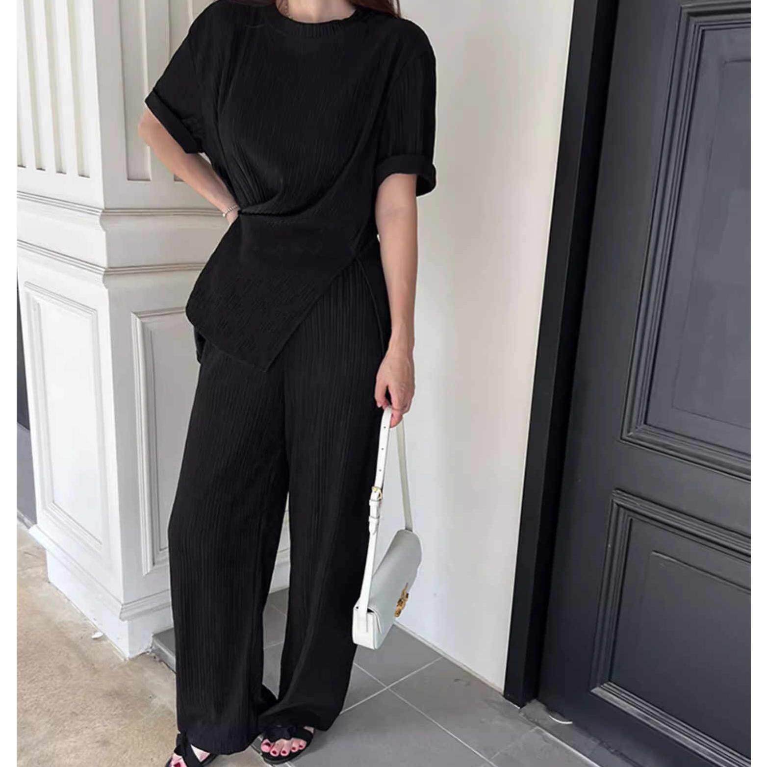 韩国 套装 夏季新款显瘦休闲时尚两件套纯色短袖T+阔腿裤长裤9072