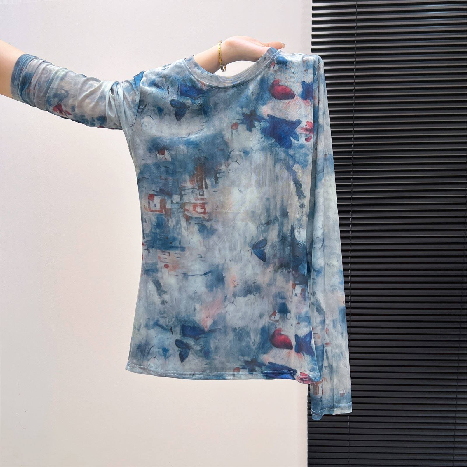 实拍大码女装薄款双层长袖防晒网纱罩衫夏季宽松显瘦百搭打底上衣