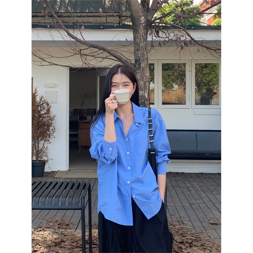 Halo Luu蓝色衬衫女子夏季新韩国上衣宽松休闲棉设计长袖衬衫