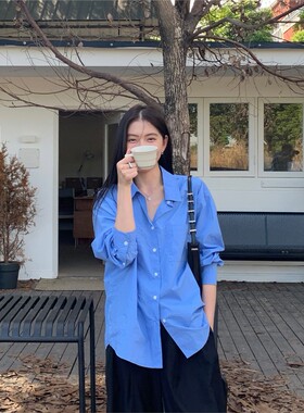 Halo Luu蓝色衬衫女子夏季新韩国上衣宽松休闲棉设计长袖衬衫