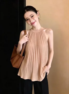 法式气质挂脖圆领无袖衬衫女上衣