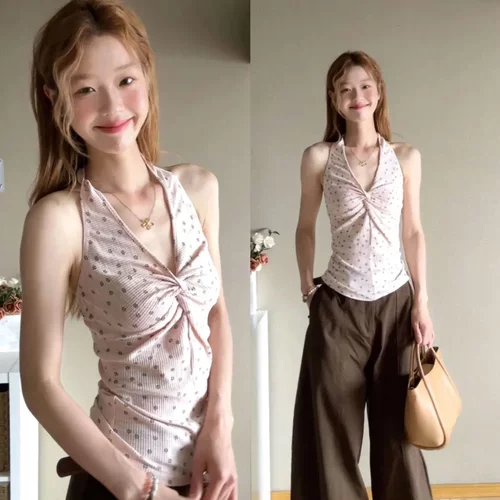 纯欲甜辣妹碎花V领挂脖吊带背心