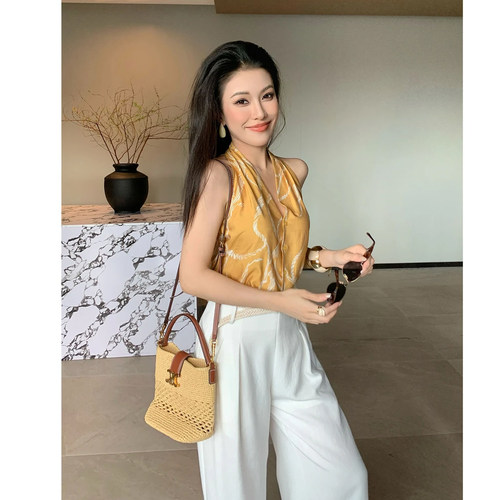 纯欲度假风印花挂脖吊带背心上衣