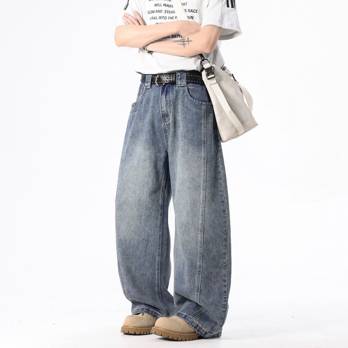 nologo official美式高街弯刀牛仔裤男款潮流宽松直筒阔腿裤春夏