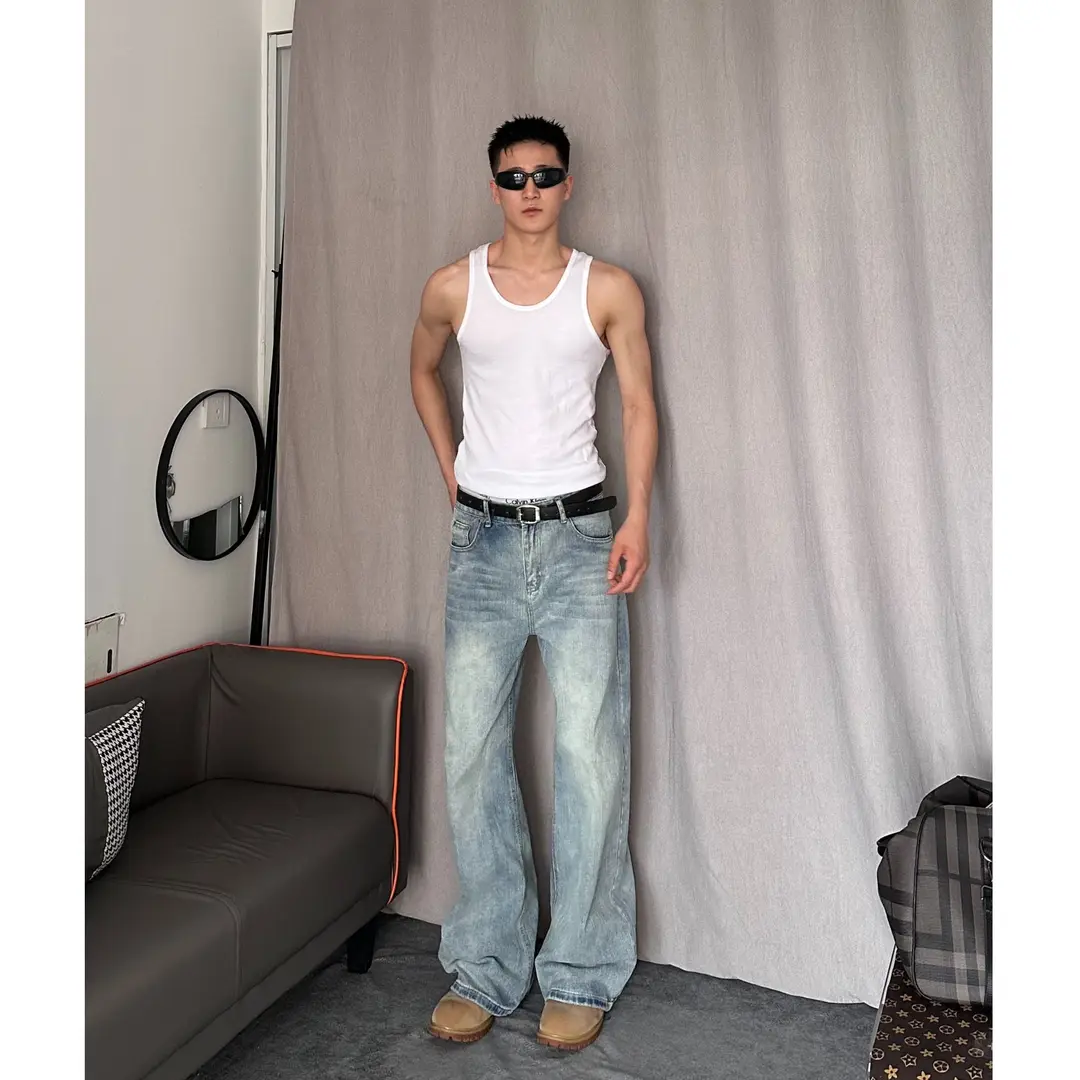 nologo official冰川蓝牛仔裤直筒复古水洗竹节纹设计感裤子男女