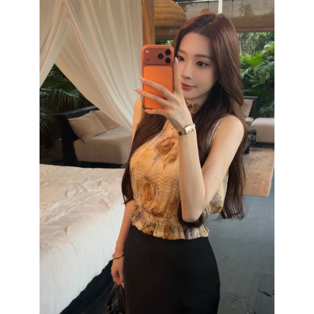 复古花色褶皱吊带背心外穿上衣女
