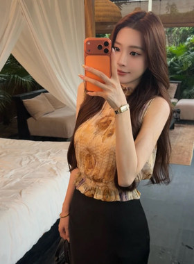 复古花色褶皱吊带背心外穿上衣女