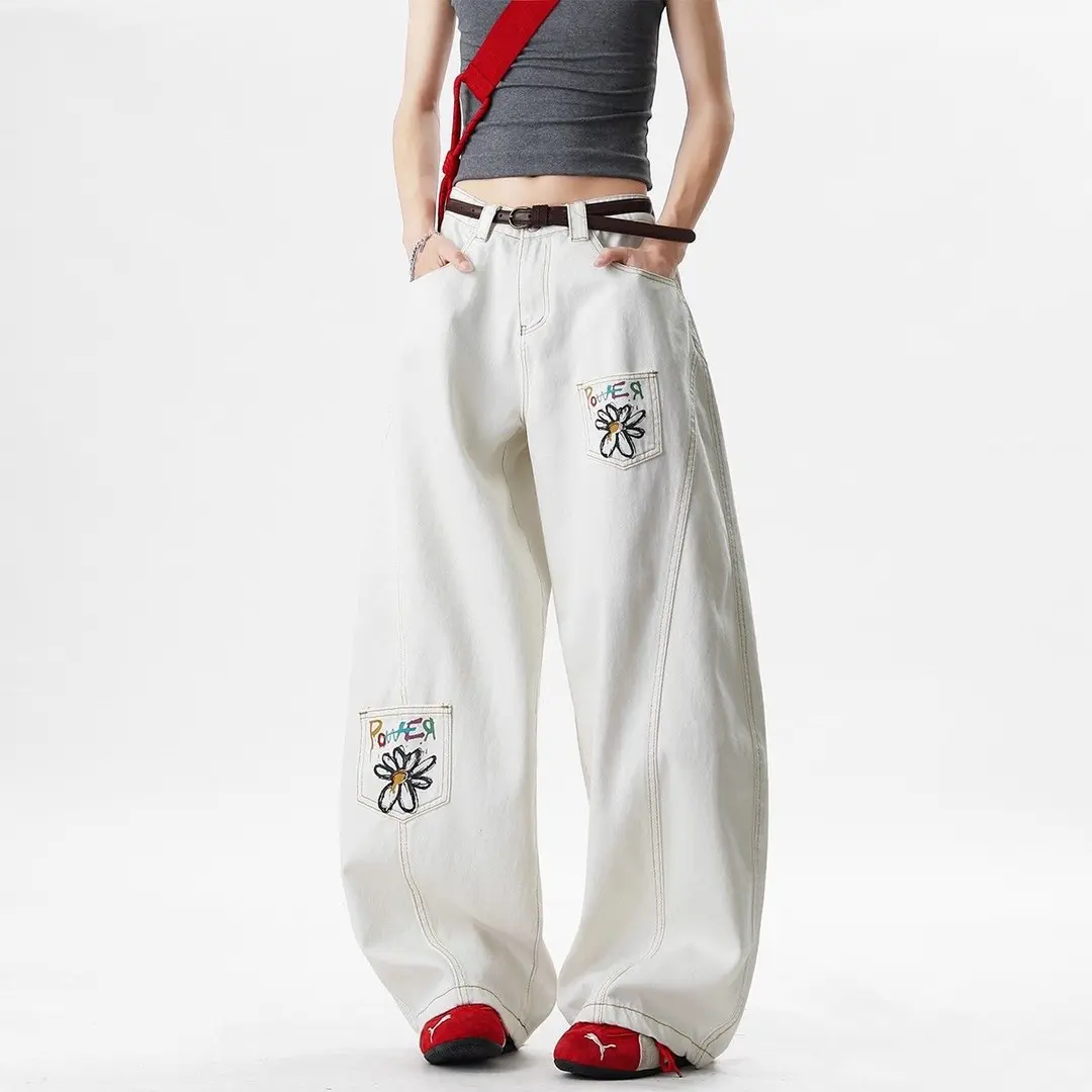 nologo official复古花卉印花弯刀牛仔裤男女潮牌宽松直筒阔腿裤