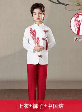 2026新款国风千里江山小学生班服男童女童合唱服红色印花儿童朗诵