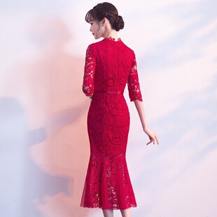 2026新款新娘敬酒服旗袍春季红色回门宴会晚礼服鱼尾现代结婚礼服
