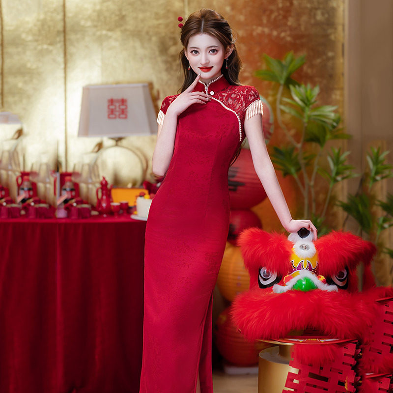 2026新款无袖蕾丝红色旗袍女高级感新中式敬酒服新娘订婚结婚宴会