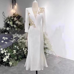 2026新款白色主持人晚礼服端庄大气声乐艺考独唱演出服女歌手