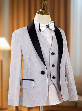 2026新款跨境儿童礼服主持人西服套装银色亮片舞台钢琴演出宴会婚