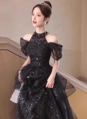 2026新款晚礼服宴会气质轻奢小众高端高级感主持人蓬蓬裙黑色挂脖