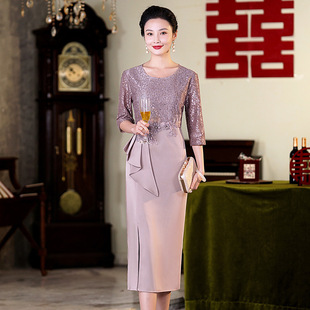 2026新款喜婆婆婚宴敬酒晚礼服春夏妈妈旗袍亮片连衣裙优雅气质高