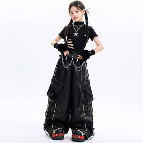 2026新款爵士舞女童韩版短款破洞露腰上衣工装皮裤套装jazz夏