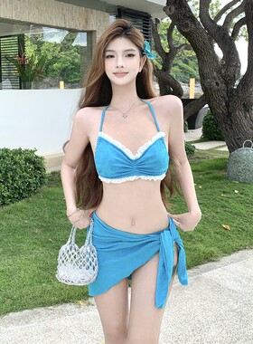 2026新款高级感甜美可爱少女抹胸飞边比基尼三件套裙款分体游泳衣