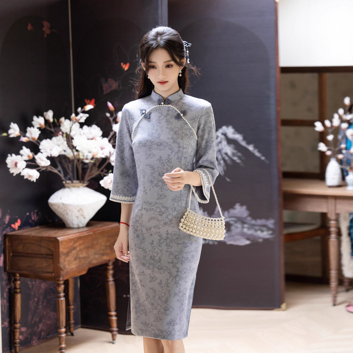 2026新款蓝色秋麂皮绒倒大袖旗袍女新中式改良年轻款少女高级感高图片