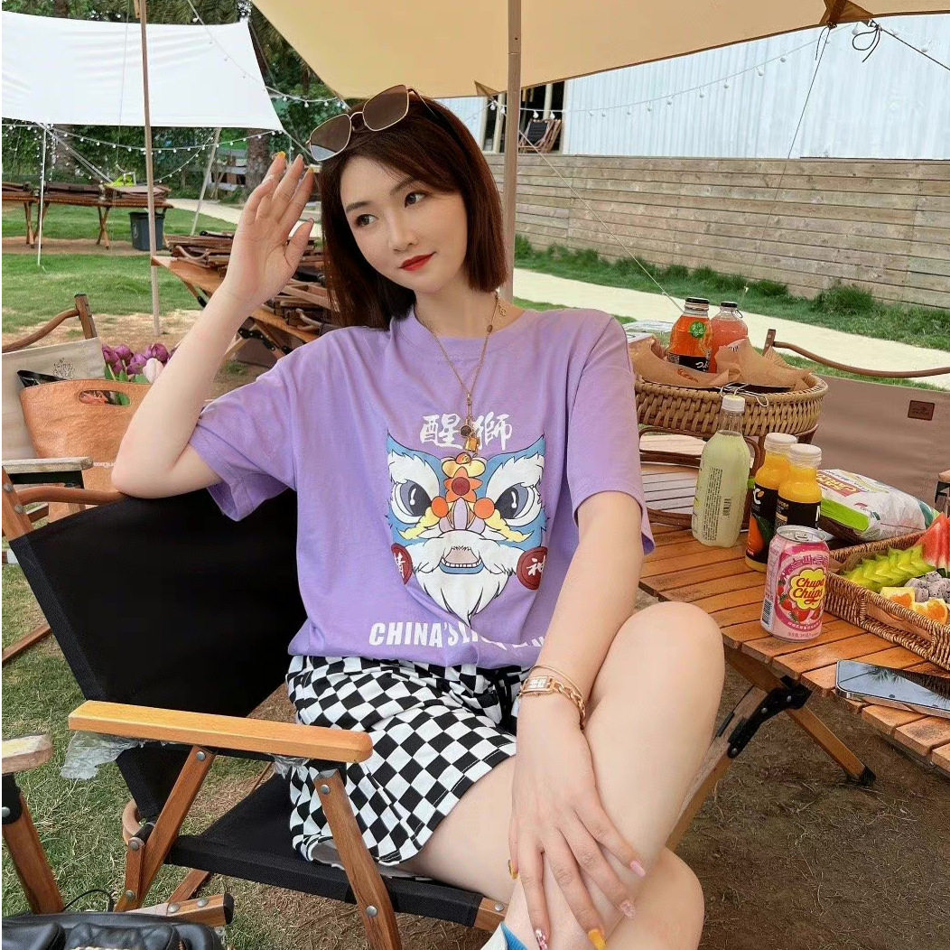 2026新款亲子装夏装醒狮印花一家三口婴童爬服全家装短袖T恤休闲图片