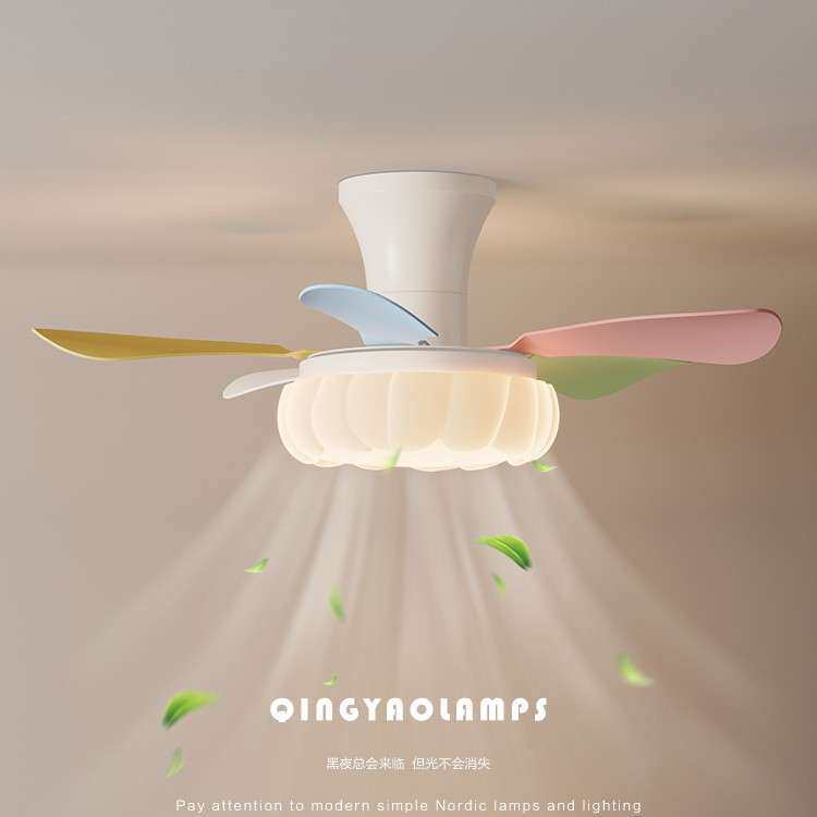 QINGYAO 卧室风扇灯中古胡桃木纹护眼儿童房电扇吸顶灯餐厅灯