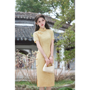 2026新款鹅黄色高端气质改良旗袍女新中式夏季日常穿提花连衣裙高