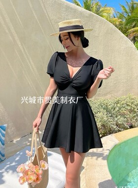 2026新款纯色连体泳衣女温泉遮肉半袖露背绑带显瘦保守裙式泳装高