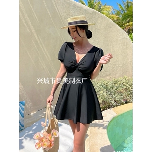 2026新款纯色连体泳衣女温泉遮肉半袖露背绑带显瘦保守裙式泳装高