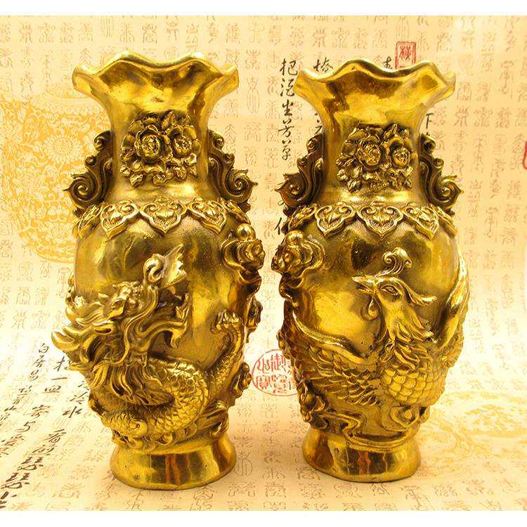 纯铜龙凤花瓶摆件一对大号仿古花瓶工艺品家居办公室客厅装饰摆设