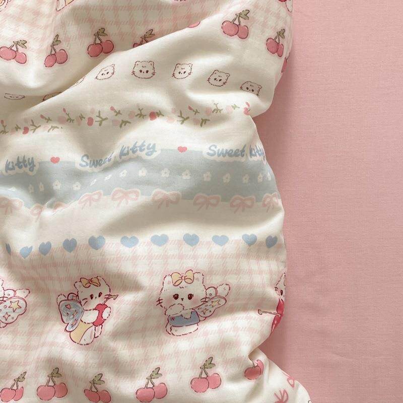 A类母婴级全棉双层纱床上四件套草莓猫100纯棉被套床单人儿童女孩